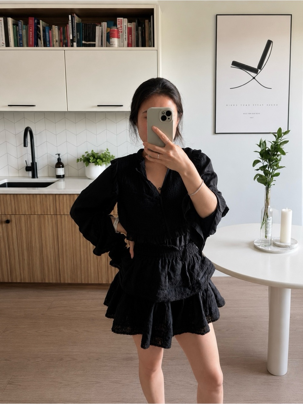 Sea New York Black Ruffled Smocked-Waist Blouse